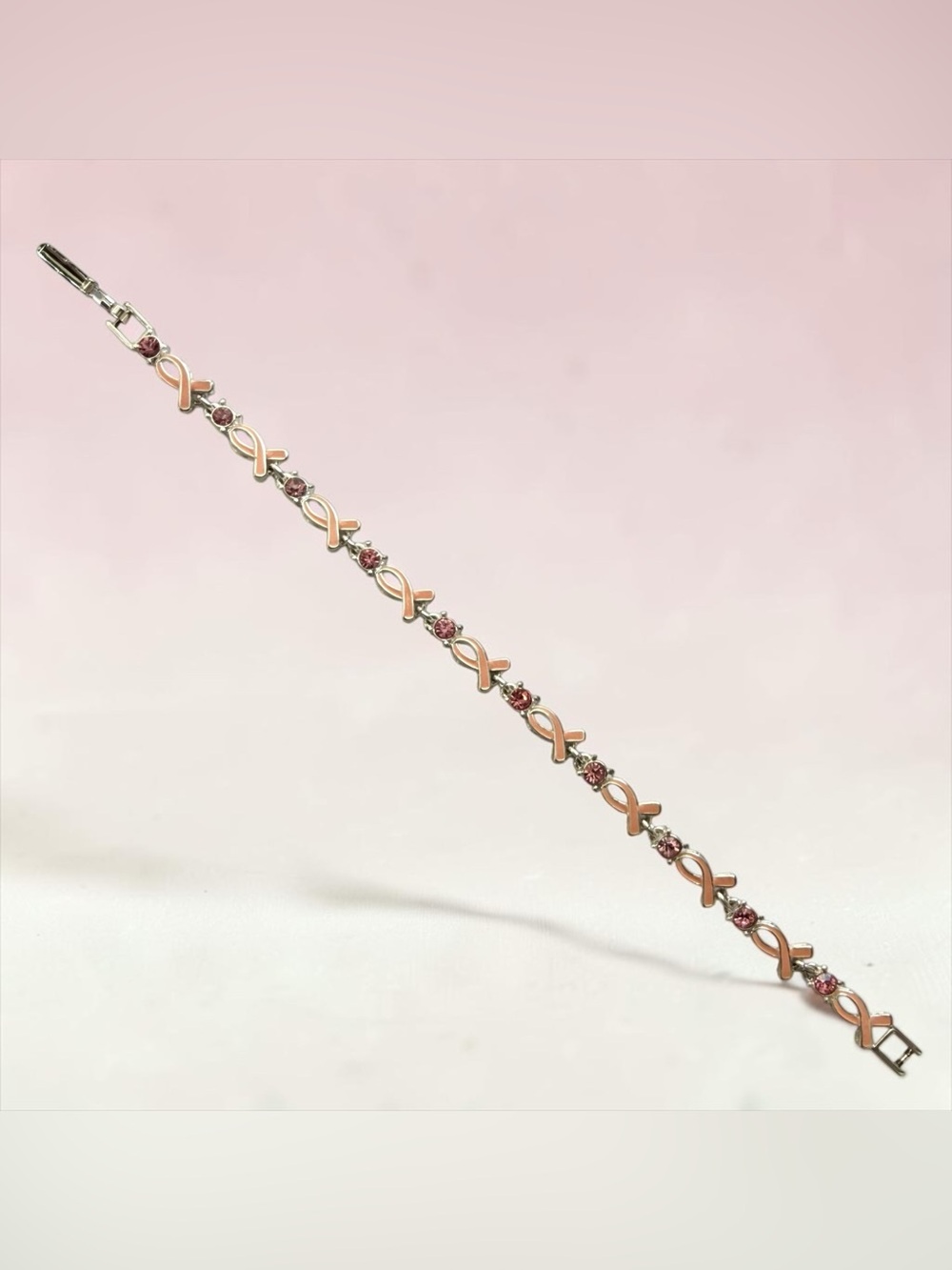 🫶🏻 Avon Breast Cancer Pink Ribbon Link Bracelet with Pink Crystal Accents 7”